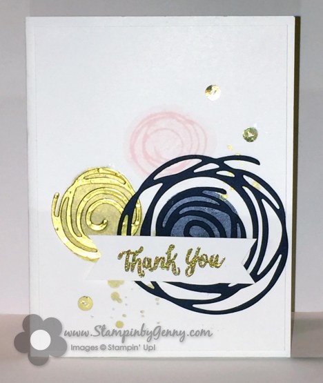 Stampin Up Swirly Bird Thank You with 3 swirlies in gold, pirouette pink and night navy with thank you banner